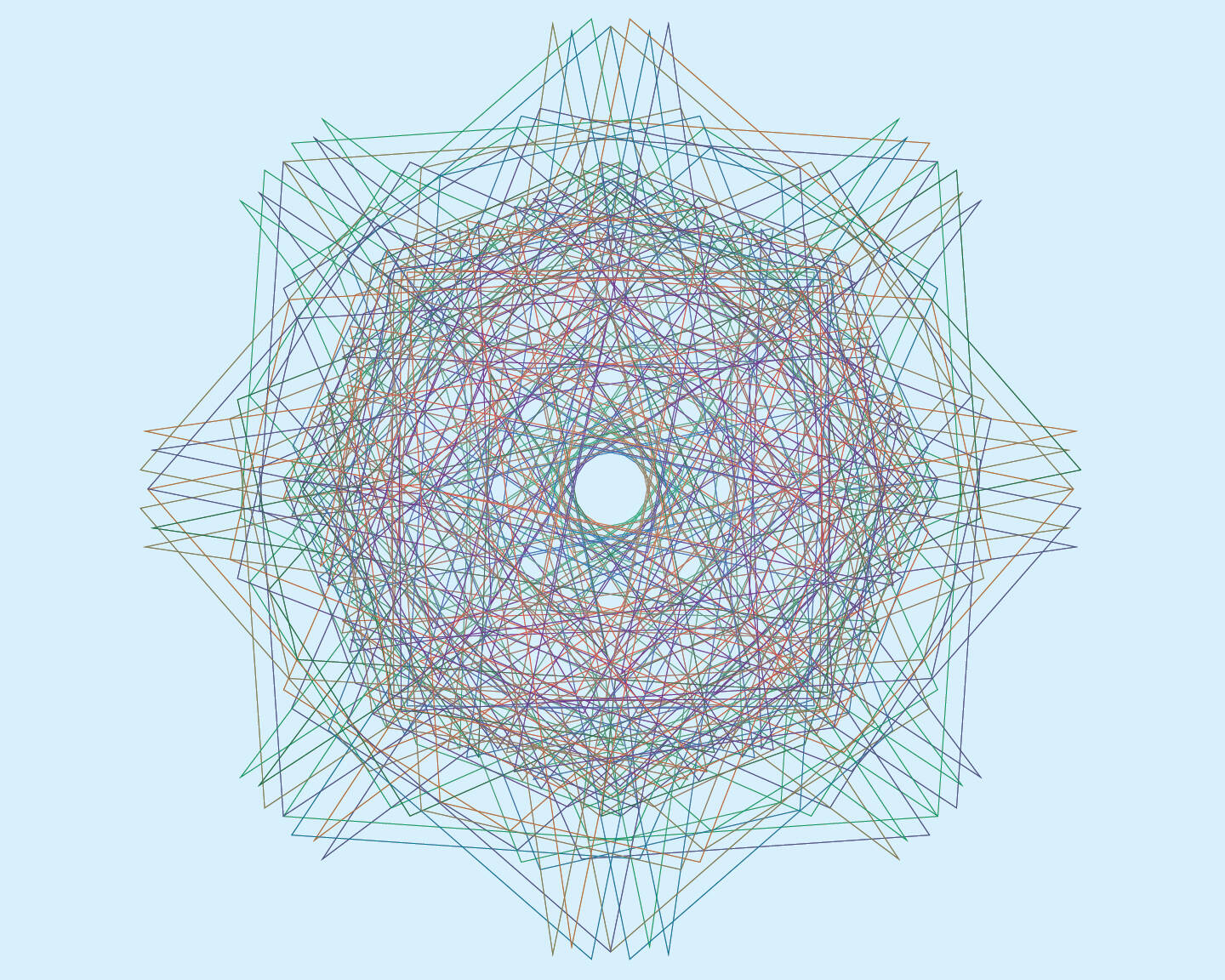 An abstract geometric design printed on a light blue background. The design is made up of blue, green and red lines; it is circular and symmetrical like a mandala.